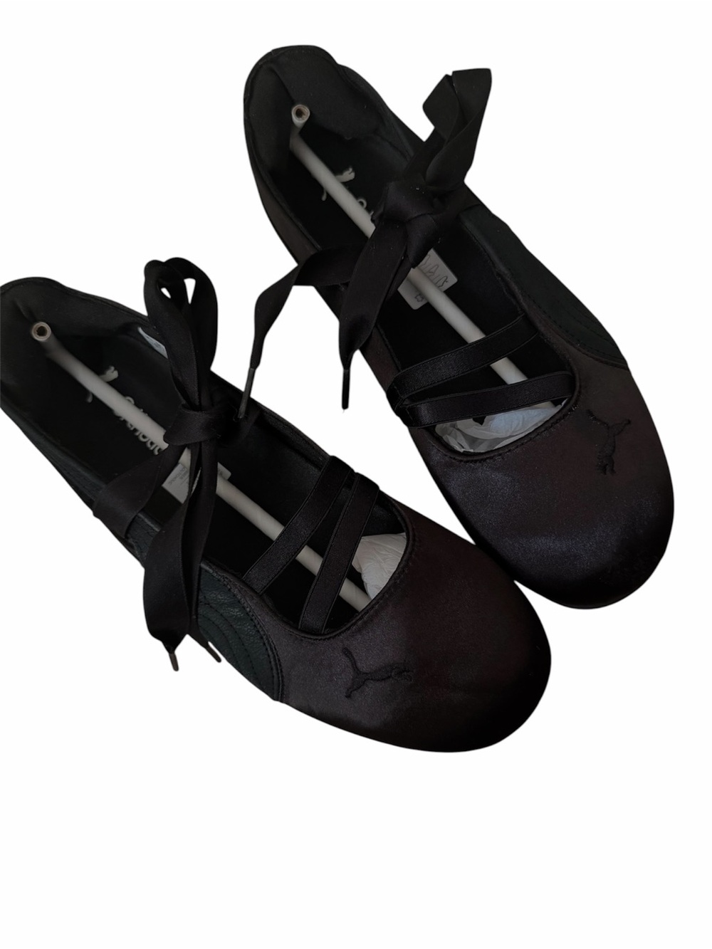 Puma Black Satin Ballet Flats with Ribbon Straps